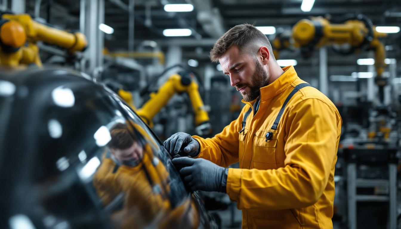 A photograph of a skilled technician performing a state inspection on a vehicle in a modern auto service shop