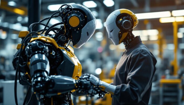 A photograph of a sleek industrial robot in action