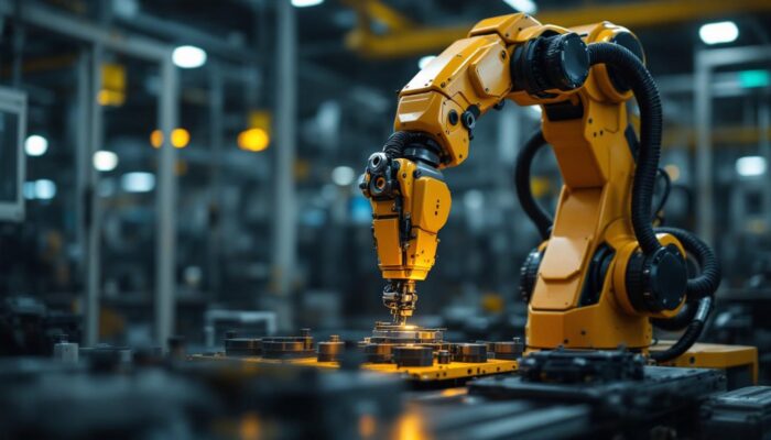 A photograph of a dynamic industrial robotic arm in action