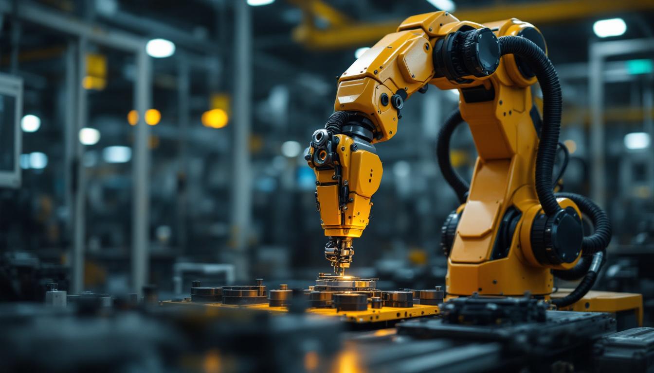 A photograph of a dynamic industrial robotic arm in action