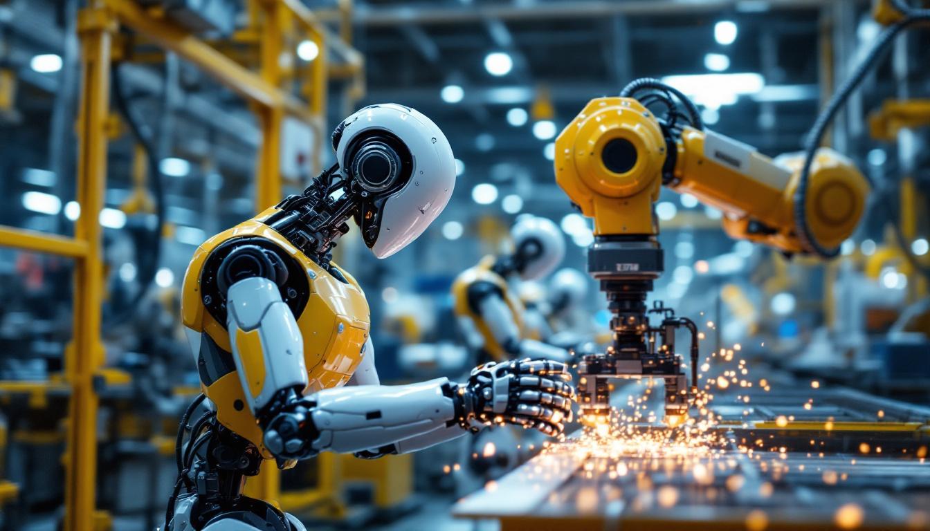 A photograph of a dynamic industrial robot in action within a manufacturing environment