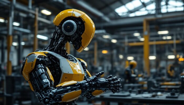 A photograph of a sleek industrial robot in action within a boston-based manufacturing facility