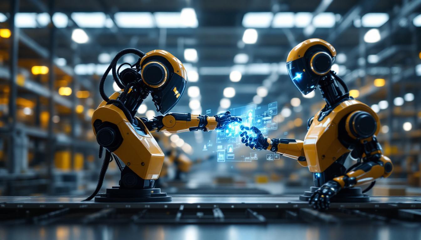 A photograph of a modern warehouse setting featuring advanced industrial robots interacting with digital twin technology