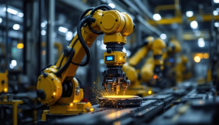 A photograph of a modern industrial robotic arm in action within a manufacturing setting