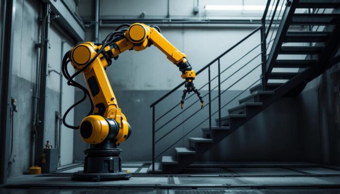 A photograph of a sleek industrial robotic arm in action