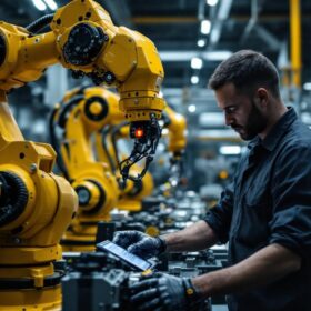 A photograph of capture a photograph of a skilled technician working with industrial robots in a modern boston factory setting