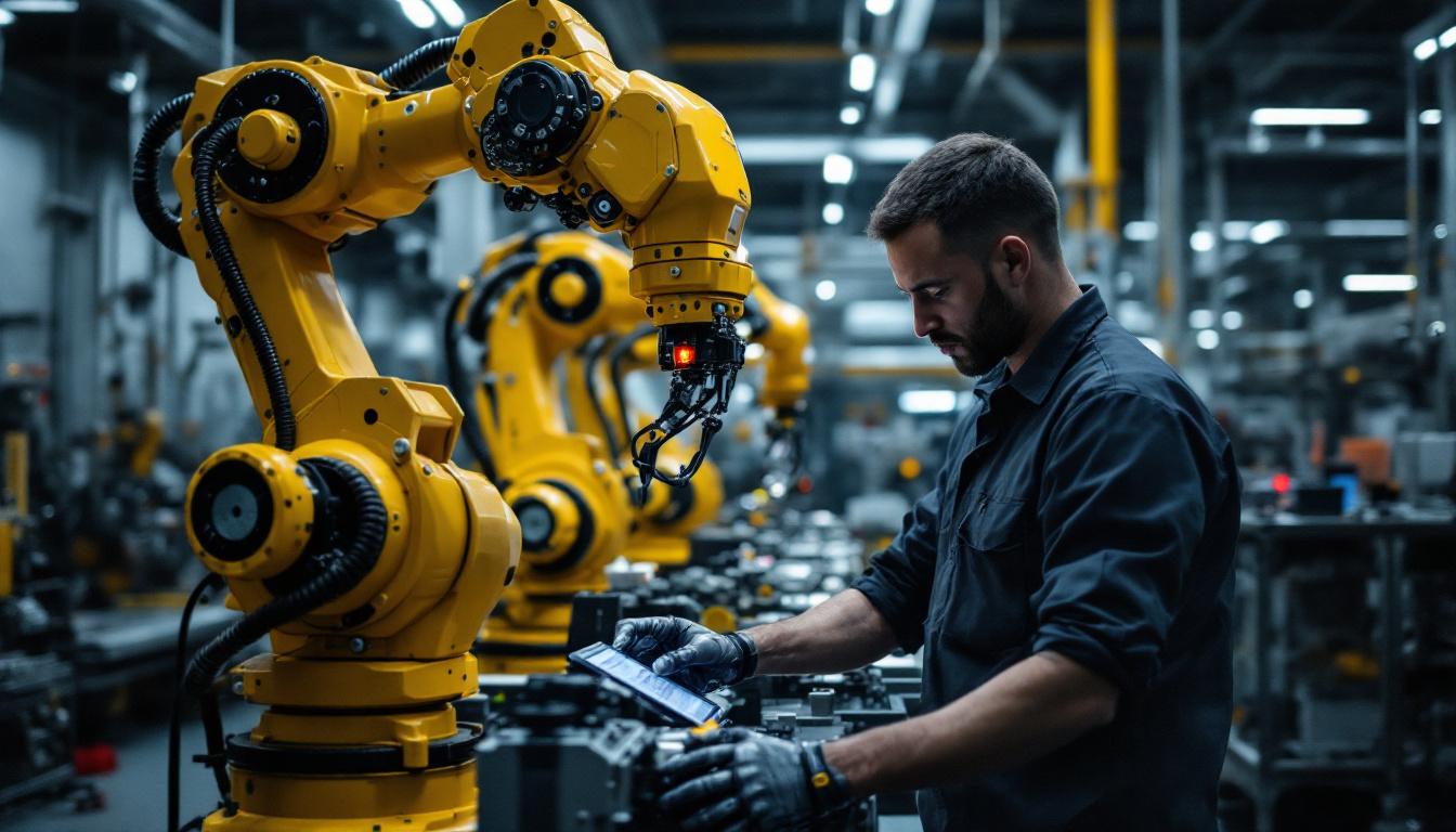 A photograph of capture a photograph of a skilled technician working with industrial robots in a modern boston factory setting