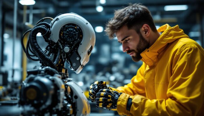 A photograph of a mechanical engineering student working hands-on with an industrial robot in a modern lab setting