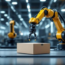 A photograph of a sleek industrial robotic arm in action