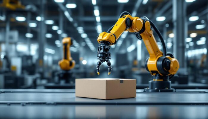 A photograph of a sleek industrial robotic arm in action