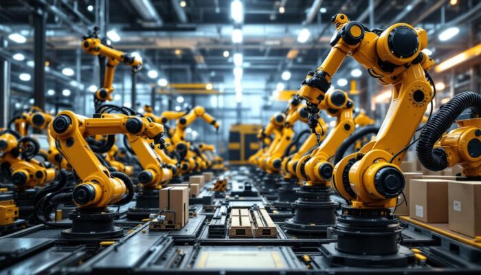 A photograph of a dynamic industrial setting featuring a diverse range of industrial robots in action