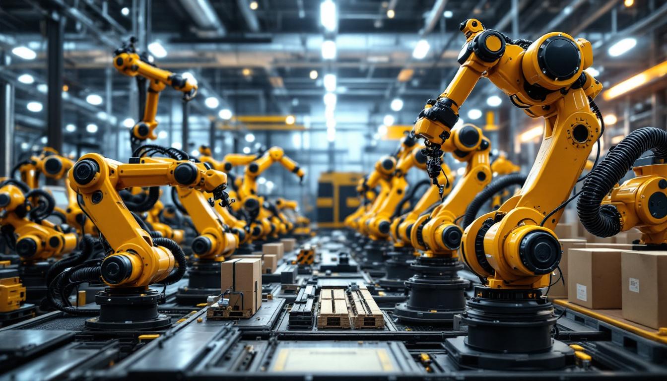 A photograph of a dynamic industrial setting featuring a diverse range of industrial robots in action