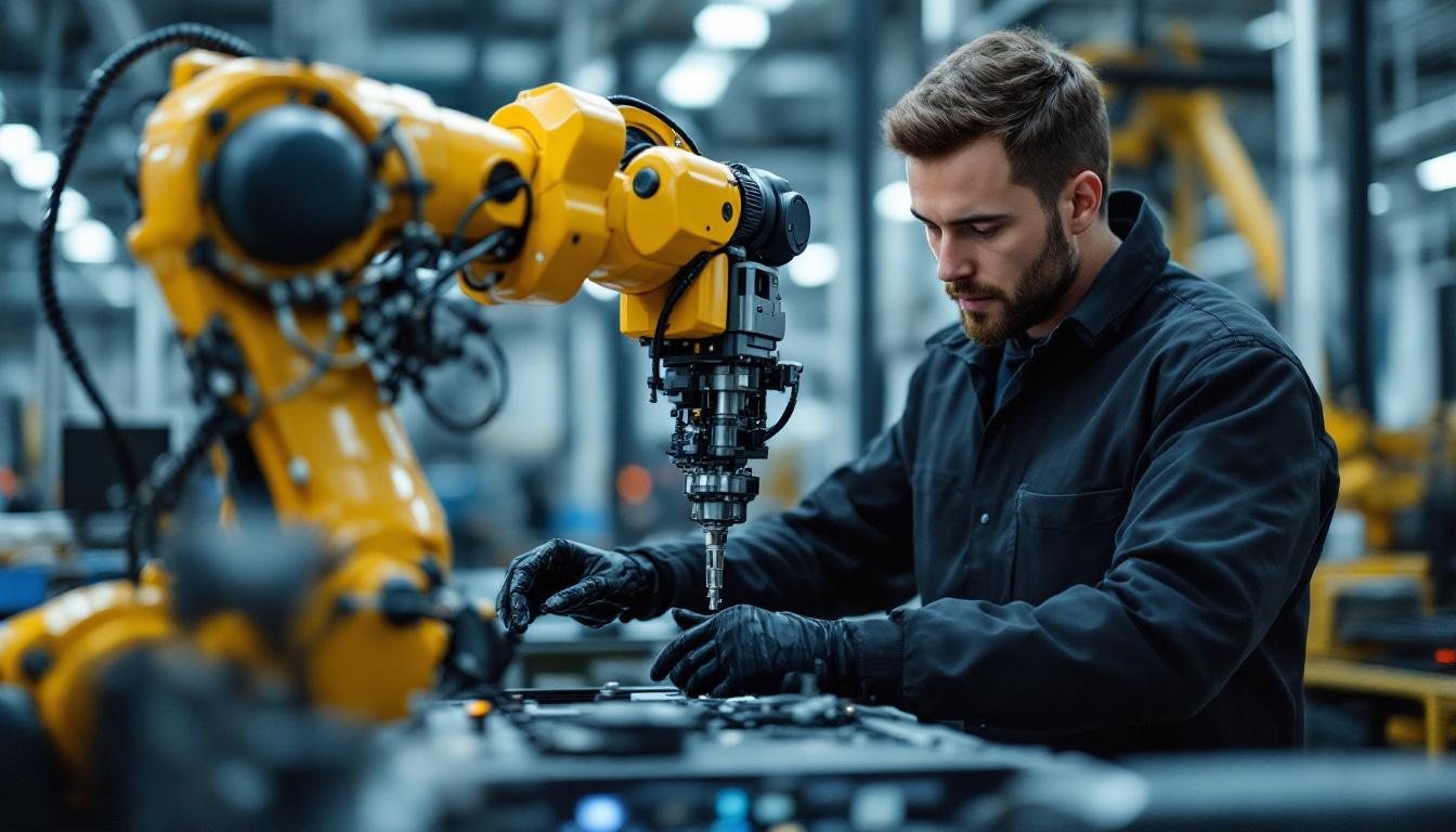 A photograph of a skilled hardware engineer working on an industrial robotic arm in a modern manufacturing environment