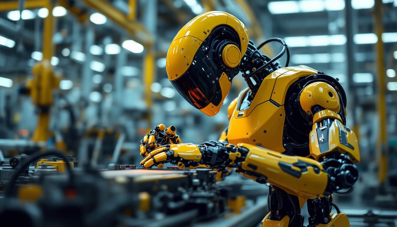 A photograph of a sleek industrial robot in action within a manufacturing environment