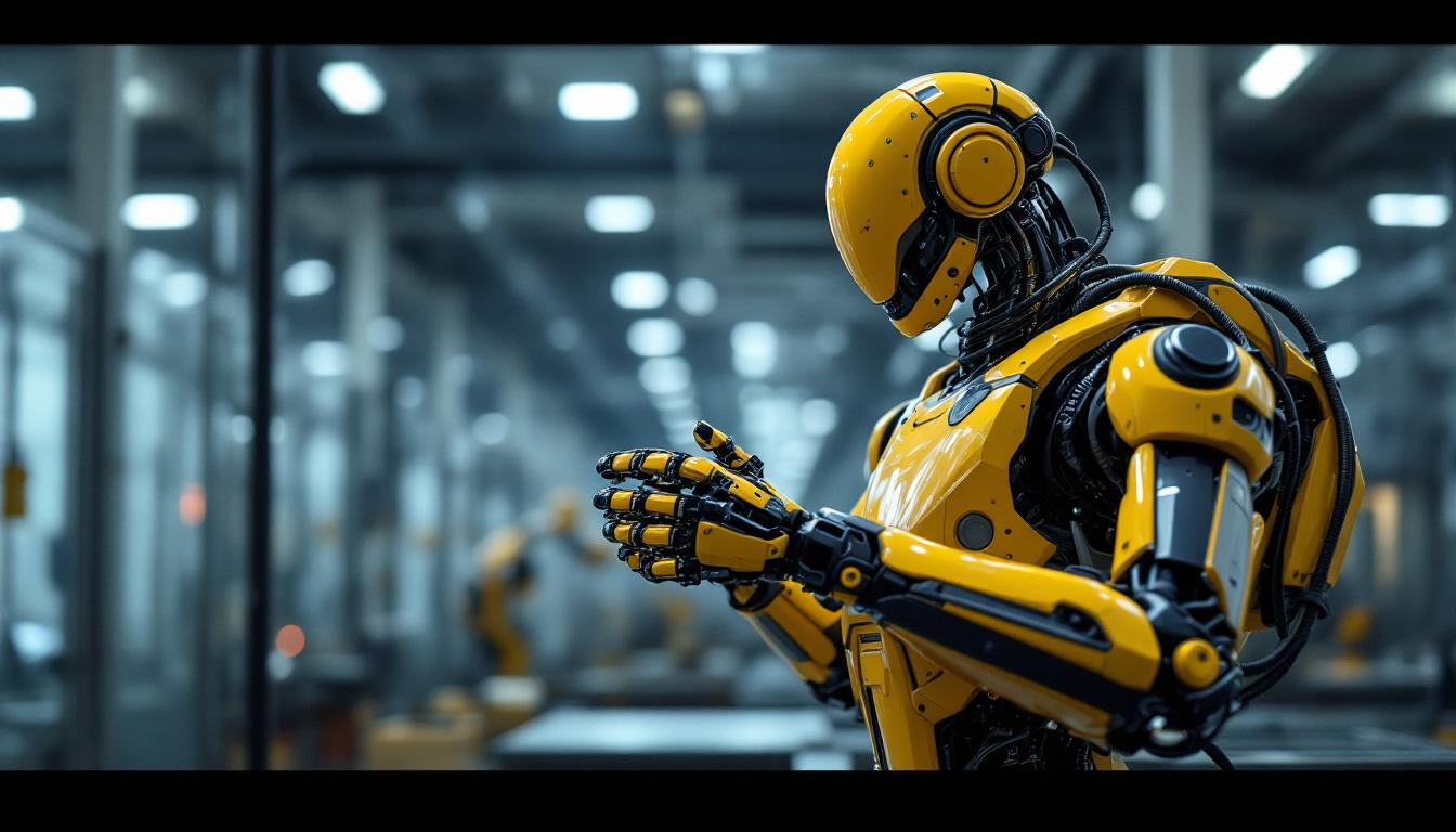 A photograph of a sleek industrial robot in action within a dynamic manufacturing environment