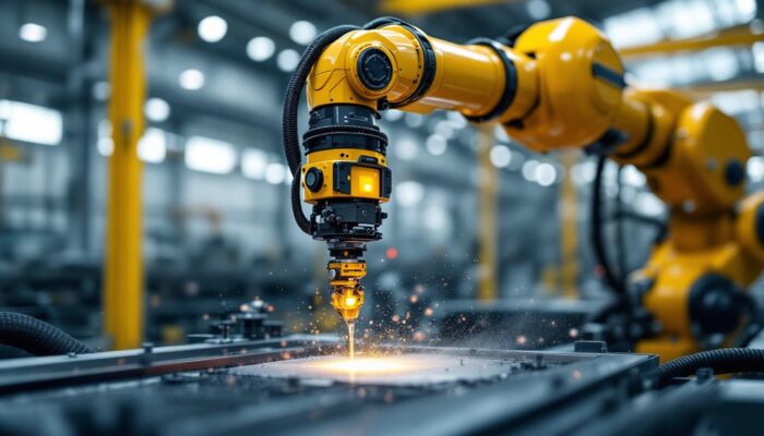 A photograph of a dynamic industrial robotic arm in action within a manufacturing setting