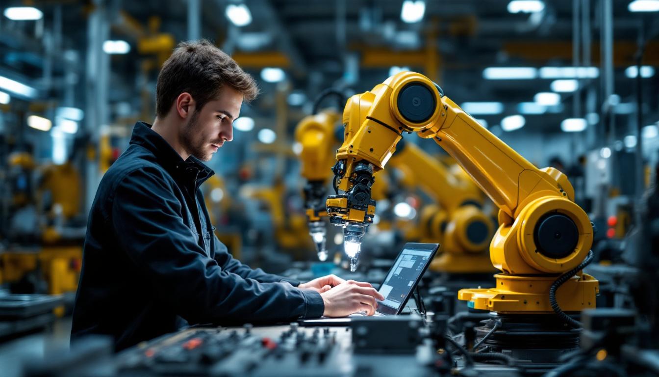 A photograph of a focused entry-level qa automation engineer working alongside industrial robots in a modern