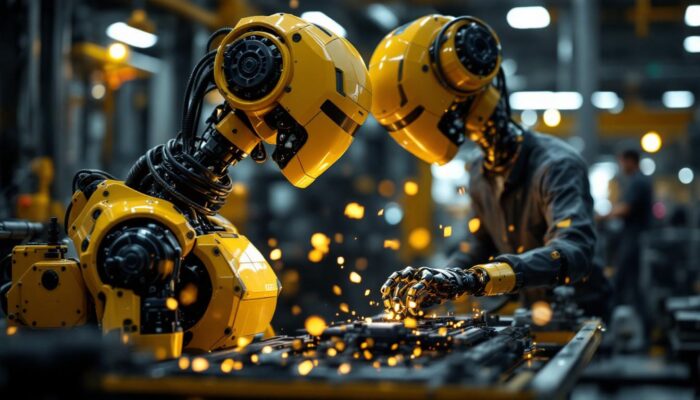 A photograph of a modern industrial robot in action