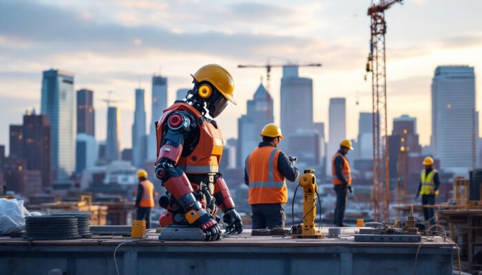 A photograph of a dynamic construction site in boston featuring industrial robots in action