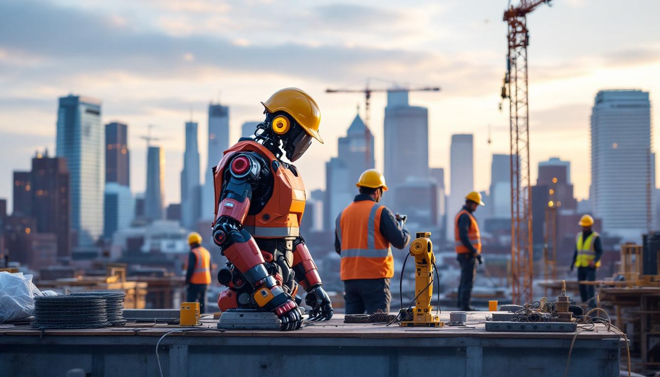 A photograph of a dynamic construction site in boston featuring industrial robots in action