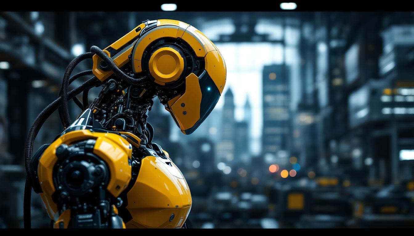 A photograph of a modern industrial robot in action within a boston warehouse or manufacturing setting