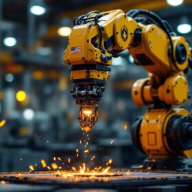 A photograph of a military-themed industrial robotic arm in action