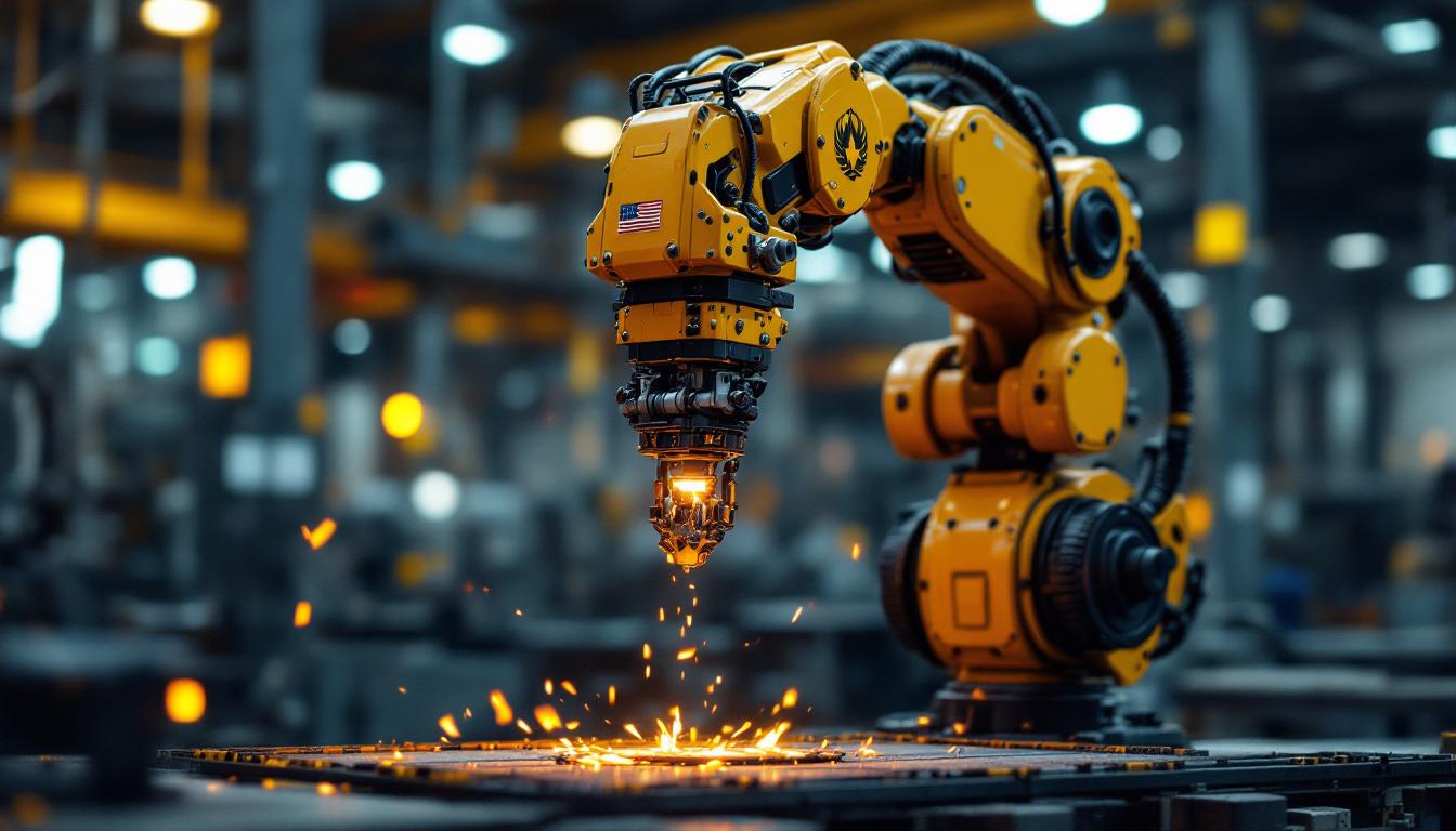 A photograph of a military-themed industrial robotic arm in action