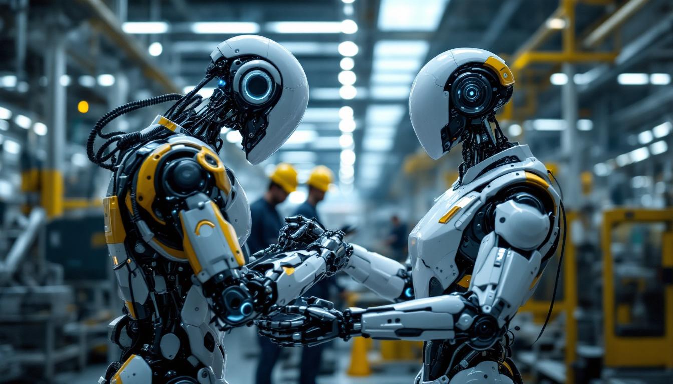 A photograph of a sleek industrial robot in action within a modern manufacturing environment