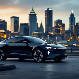 A photograph of a sleek uber black car parked in front of a modern boston skyline