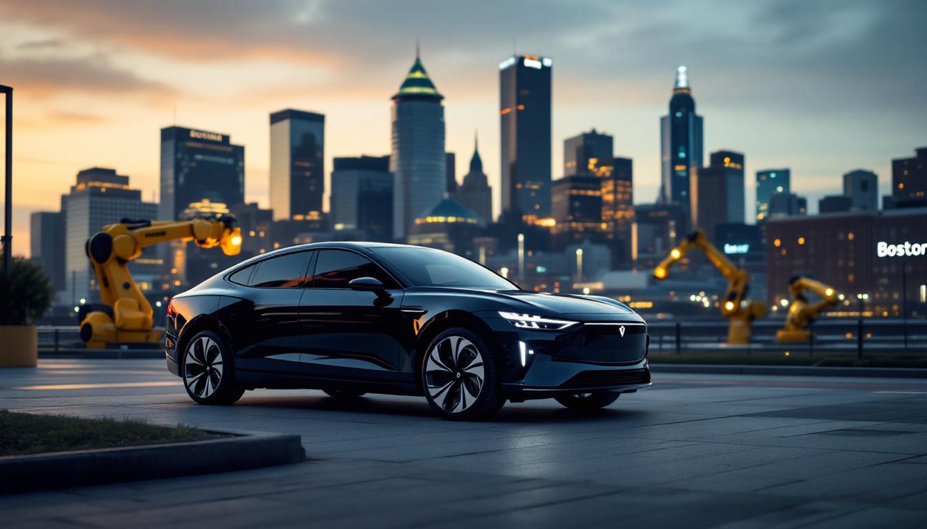 A photograph of a sleek uber black car parked in front of a modern boston skyline