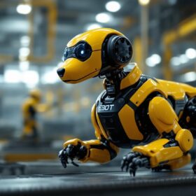 A photograph of a sleek industrial robotic dog in action within a factory setting