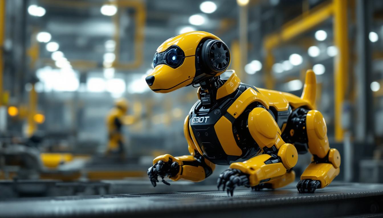 A photograph of a sleek industrial robotic dog in action within a factory setting