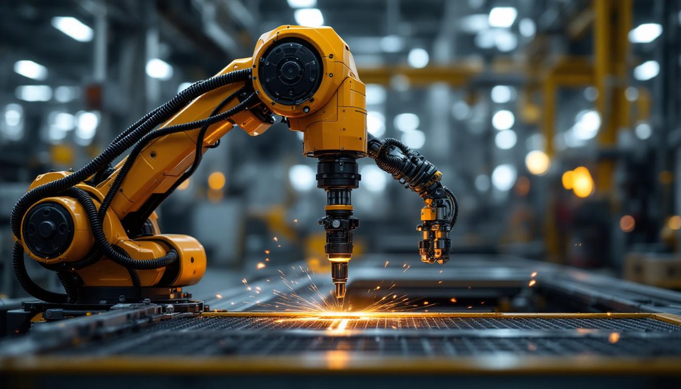 A photograph of a sleek industrial robotic arm in action