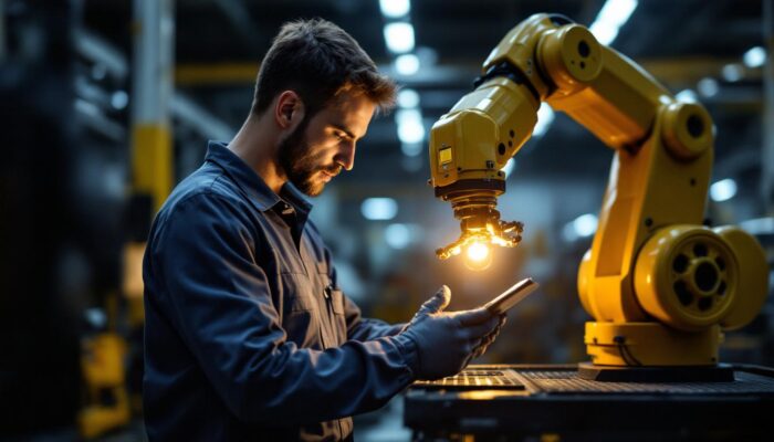 A photograph of a skilled technician working alongside an industrial robotic arm in a modern manufacturing environment