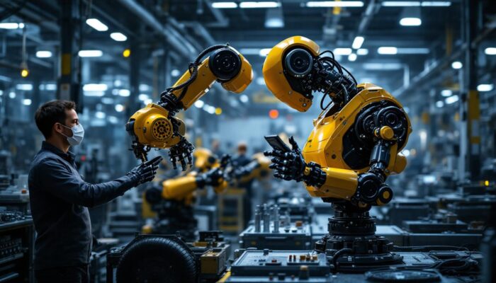 A photograph of a dynamic industrial robot in action within a modern manufacturing environment