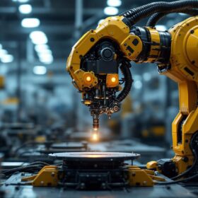 A photograph of capture a photograph of an industrial robot in action