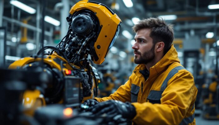 A photograph of a skilled controls engineer programming or troubleshooting an industrial robot in a modern manufacturing environment