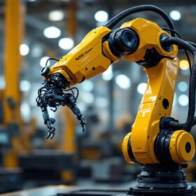 A photograph of a sleek industrial robotic arm in action