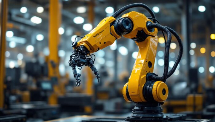 A photograph of a sleek industrial robotic arm in action
