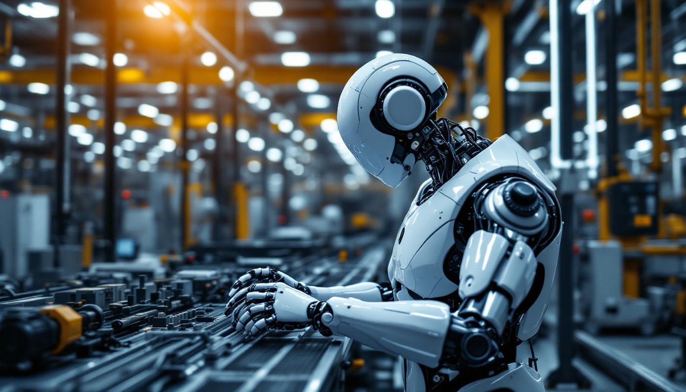 A photograph of a sleek industrial robot in action on a factory floor