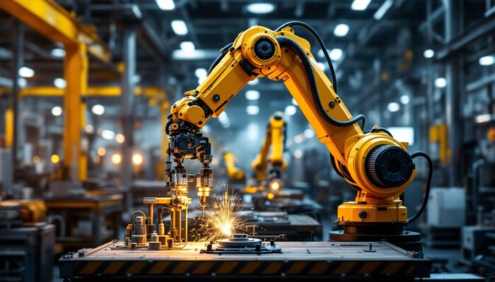 A photograph of a dynamic industrial robotic arm in action within a modern manufacturing environment