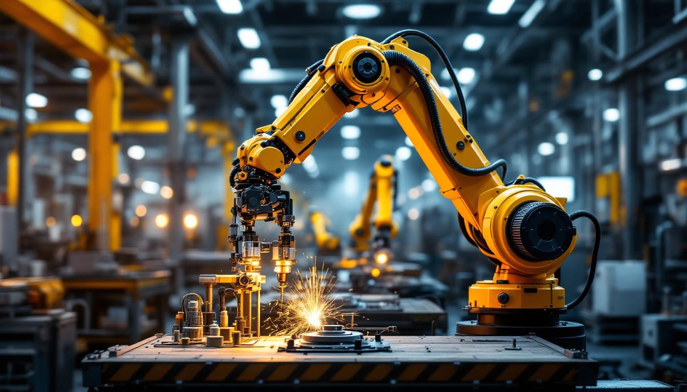 A photograph of a dynamic industrial robotic arm in action within a modern manufacturing environment