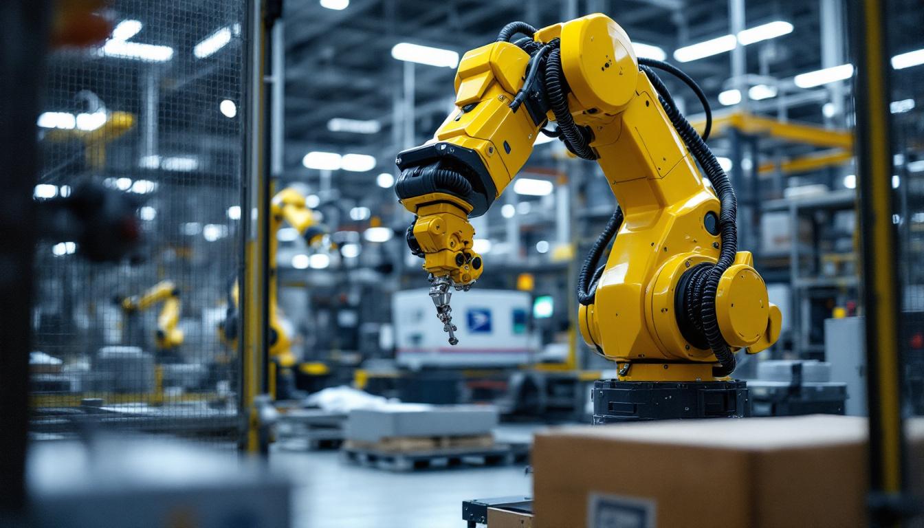 A photograph of capture a photograph of a modern industrial robot in action at the billerica