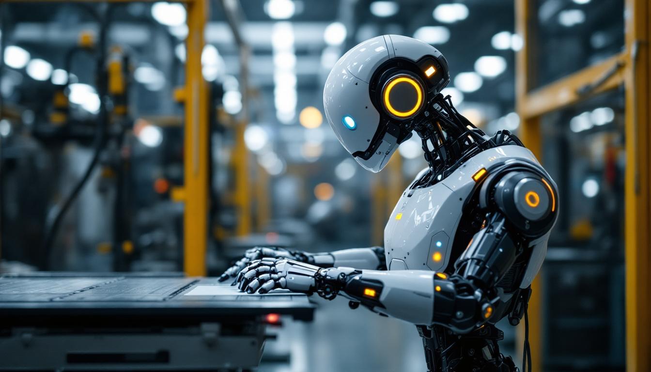 A photograph of a sleek industrial robot in action within a modern manufacturing environment