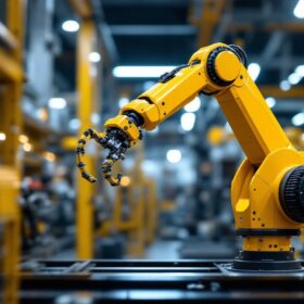 A photograph of a sleek industrial robotic arm in action