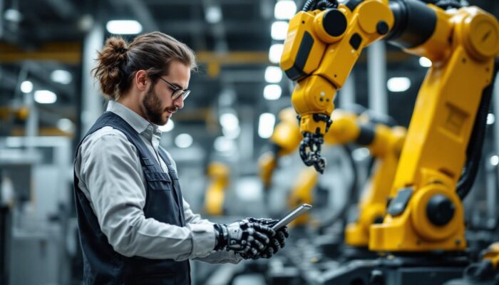 A photograph of a te connectivity employee interacting with industrial robots in a modern manufacturing environment