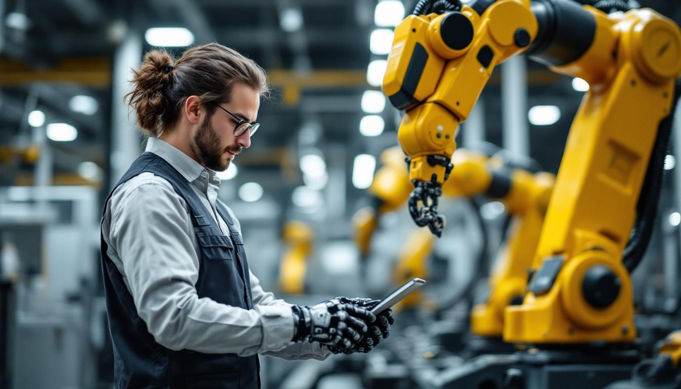 A photograph of a te connectivity employee interacting with industrial robots in a modern manufacturing environment