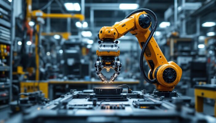 A photograph of capture a photograph of an advanced industrial robotic arm in action