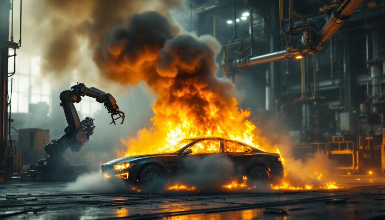 A photograph of a dramatic scene featuring a burning car in an industrial setting