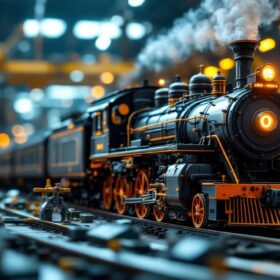 A photograph of a detailed o gauge model train setup in an industrial-themed environment